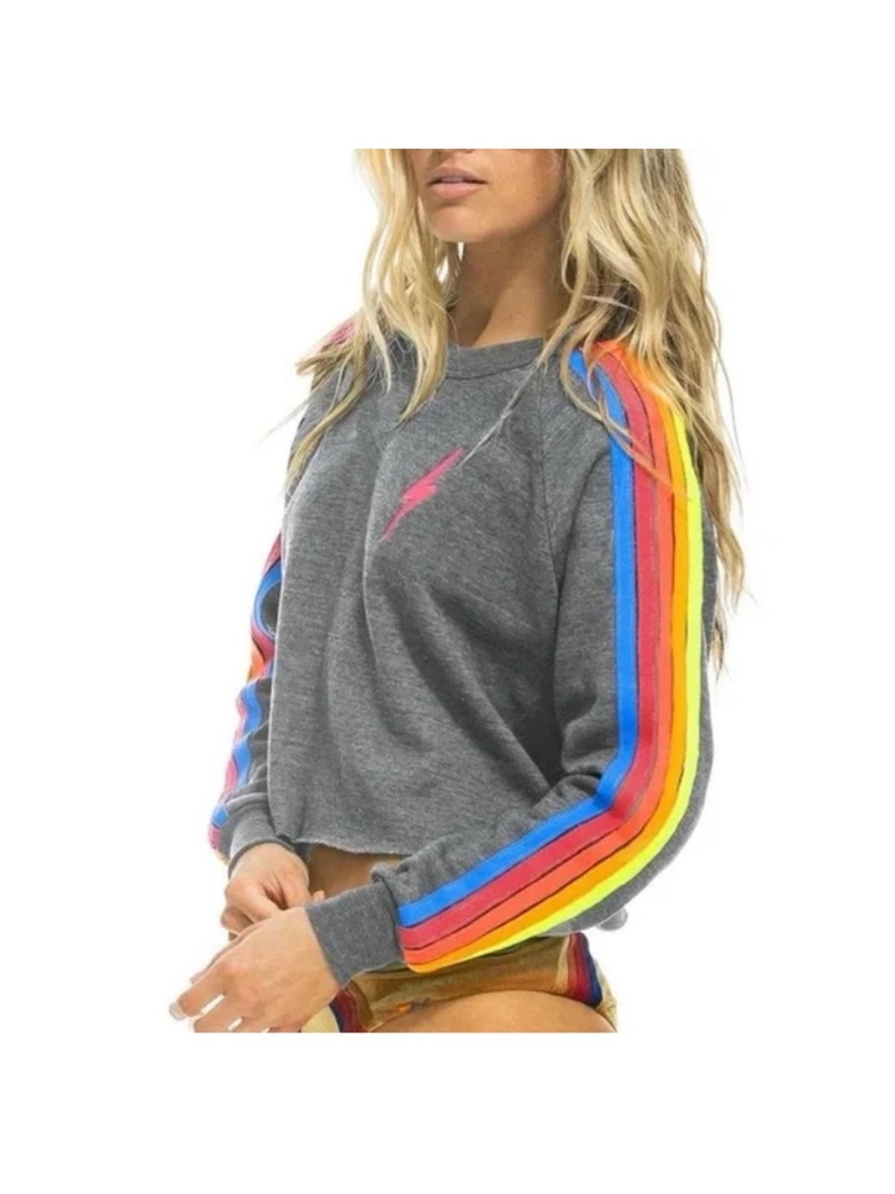 Aviator Nation 🌟 Grey Rainbow-Stripe Cropped Sweatshirt - Women’s size Large